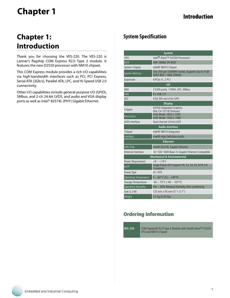 Chapter 1, Chapter 1: introduction, Introduction | System specification, Ordering information | Lanner VES-220 User Manual | Page 4 / 19