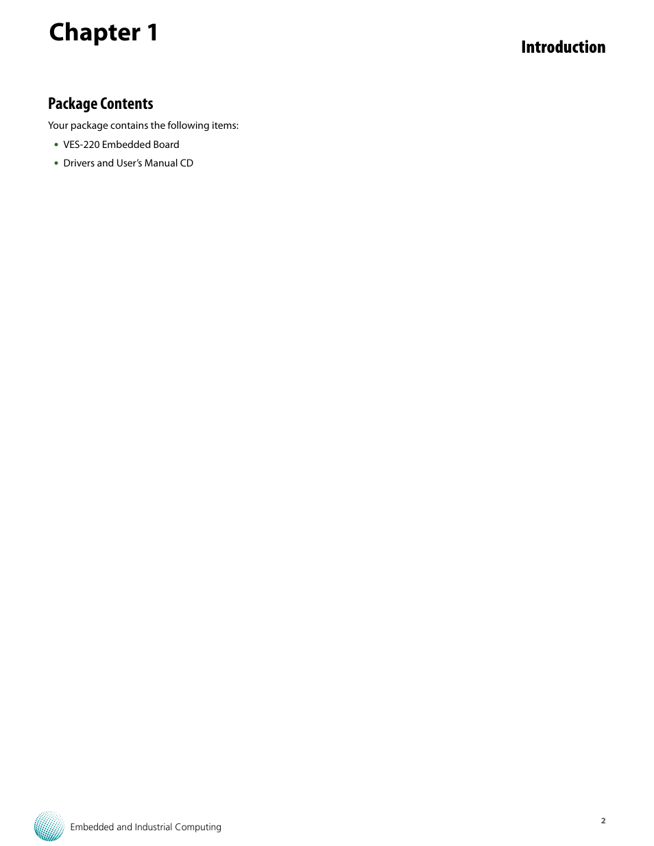 Chapter 1, Introduction, Package contents | Lanner VES-220 User Manual | Page 5 / 19
