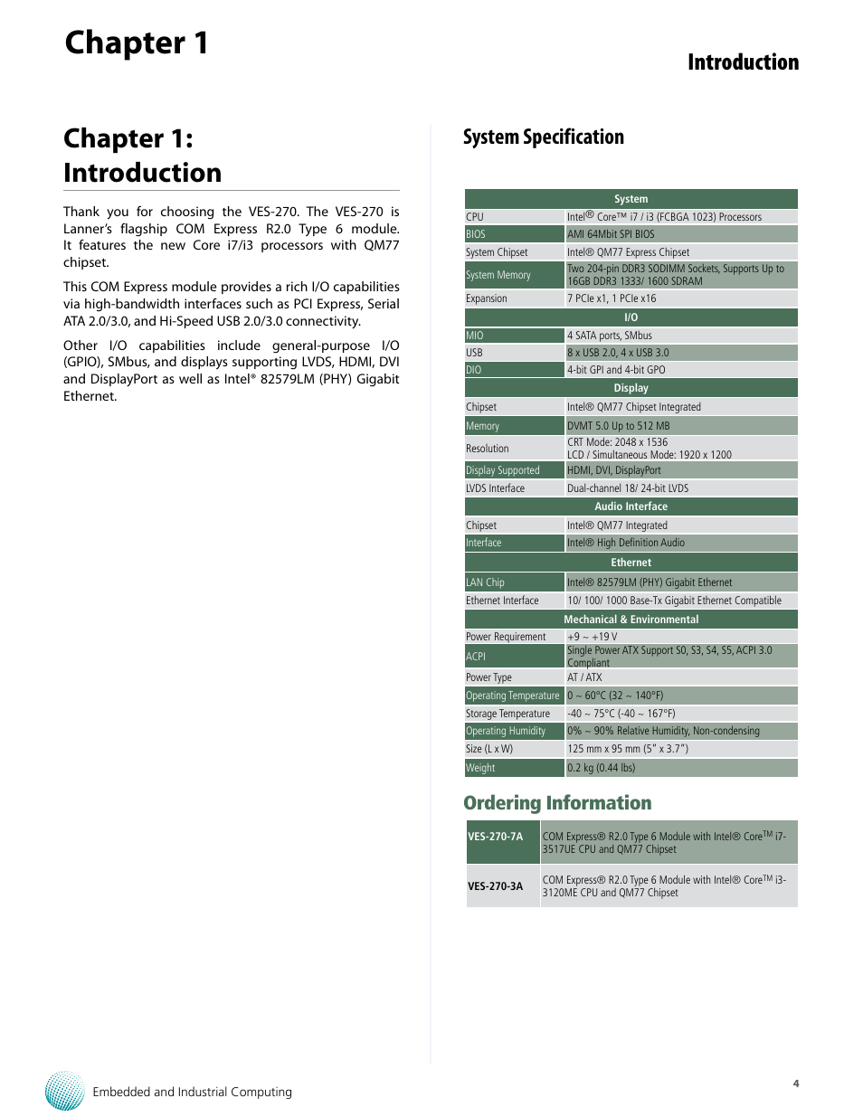 Chapter 1, Chapter 1: introduction, Introduction | System specification, Ordering information | Lanner VES-270 User Manual | Page 4 / 19