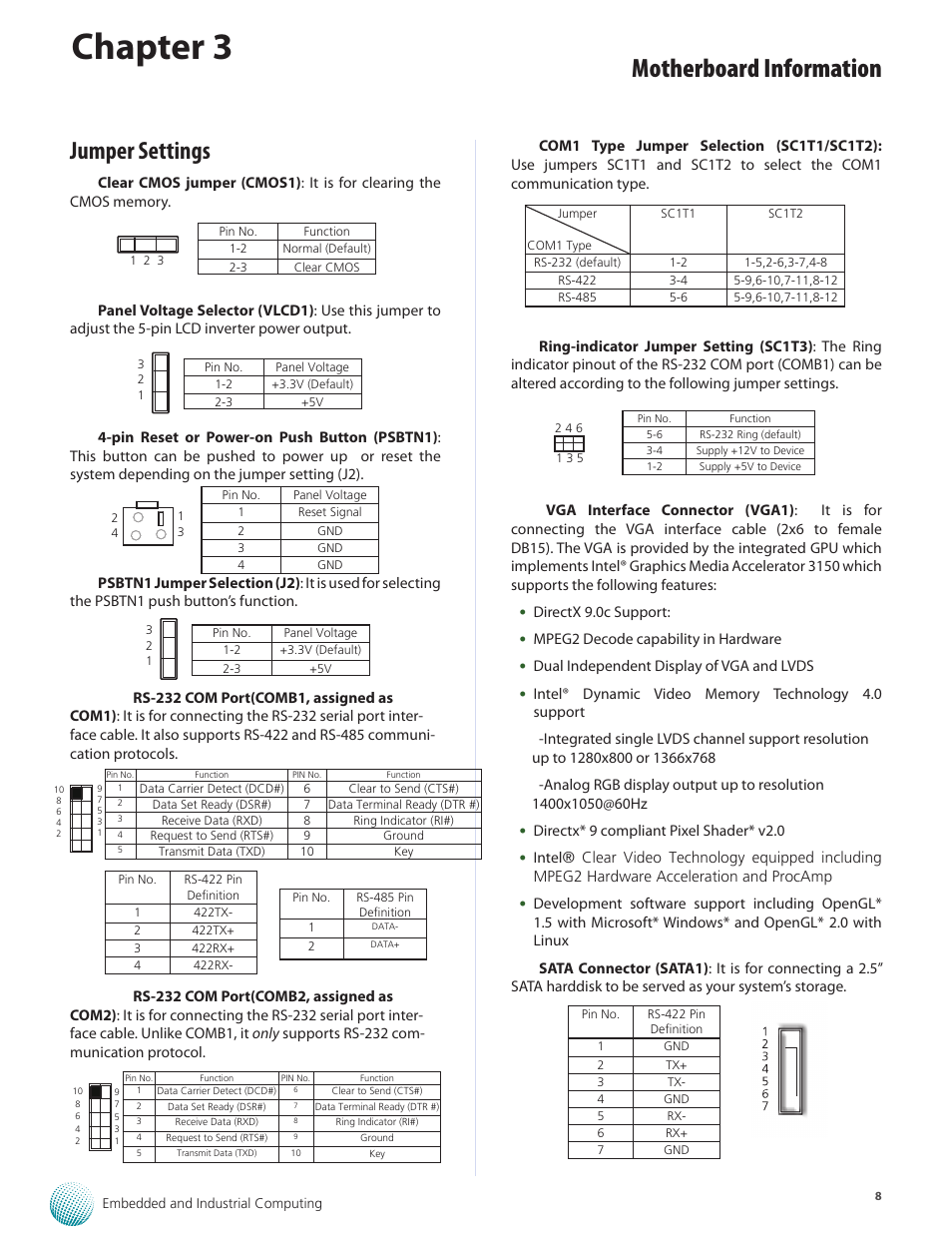 Chapter 3, Motherboard information, Jumper settings | Lanner VES-310 User Manual | Page 10 / 15