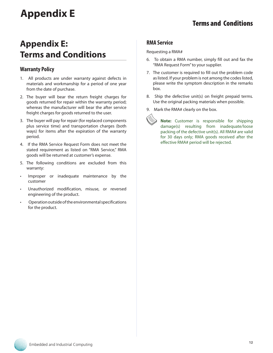 Appendix e, Appendix e: terms and conditions, Terms and conditions | Warranty policy, Rma service | Lanner VES-310 User Manual | Page 14 / 15