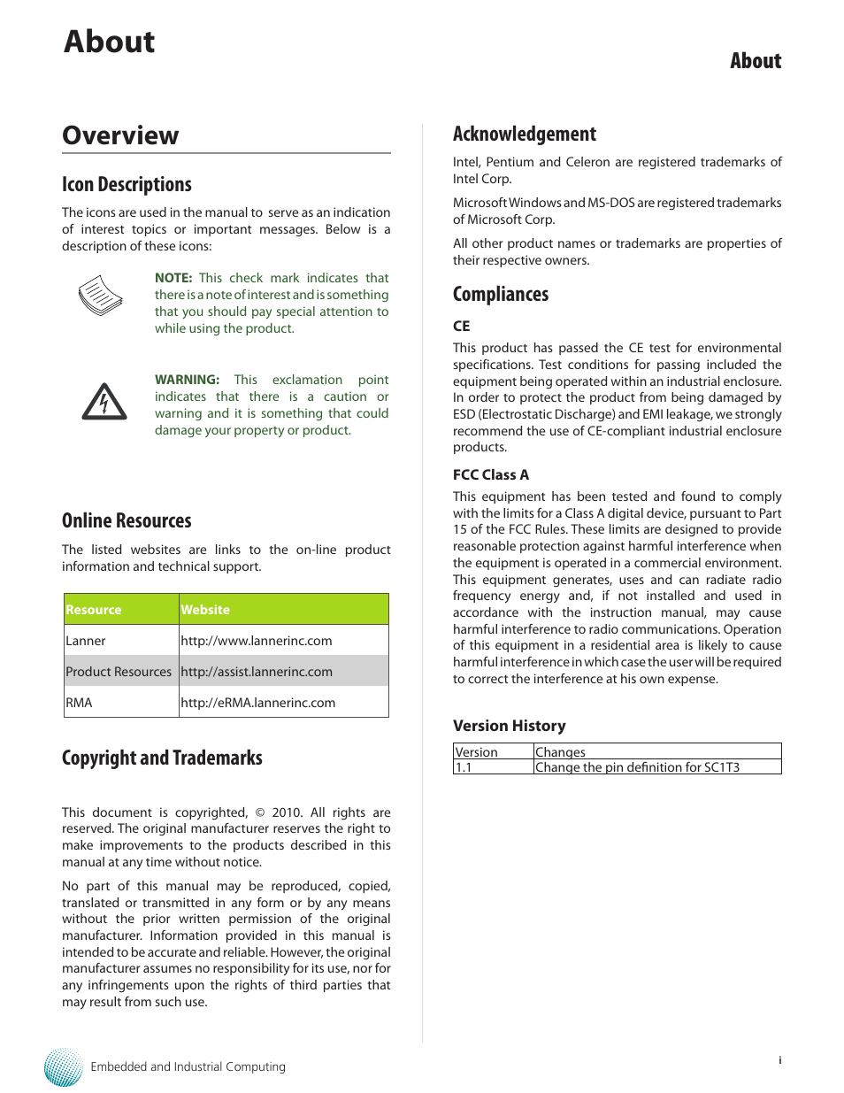 Overview, About, Icon descriptions | Online resources, Copyright and trademarks, Acknowledgement, Compliances | Lanner VES-310 User Manual | Page 2 / 15