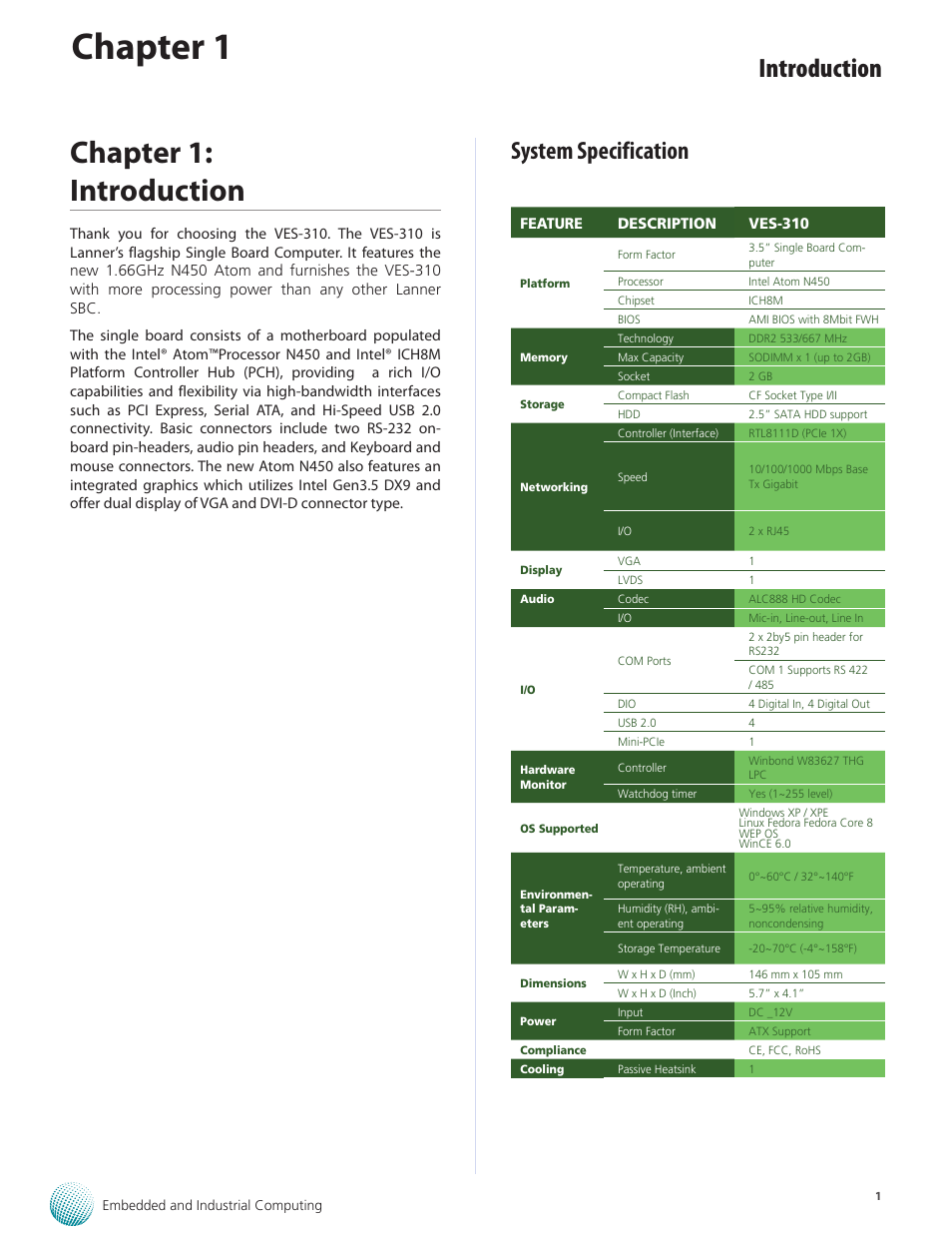 Chapter 1, Chapter 1: introduction, Introduction | System specification | Lanner VES-310 User Manual | Page 3 / 15