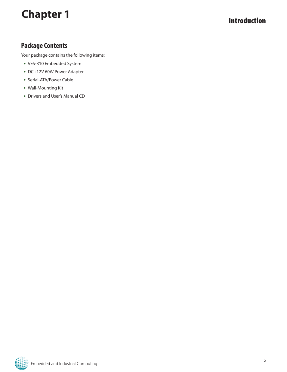 Chapter 1, Introduction, Package contents | Lanner VES-310 User Manual | Page 4 / 15
