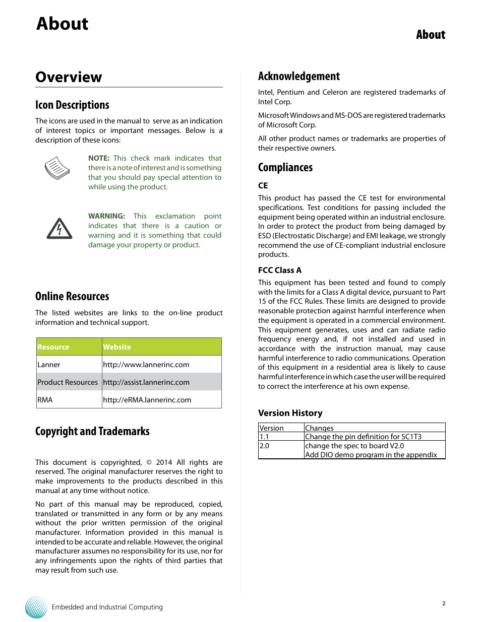 Overview, About, Icon descriptions | Online resources, Copyright and trademarks, Acknowledgement, Compliances | Lanner VES-310 V2 User Manual | Page 2 / 20