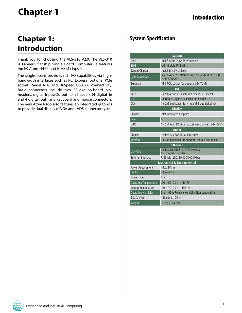 Chapter 1, Chapter 1: introduction, Introduction | System specification | Lanner VES-310 V2 User Manual | Page 4 / 20