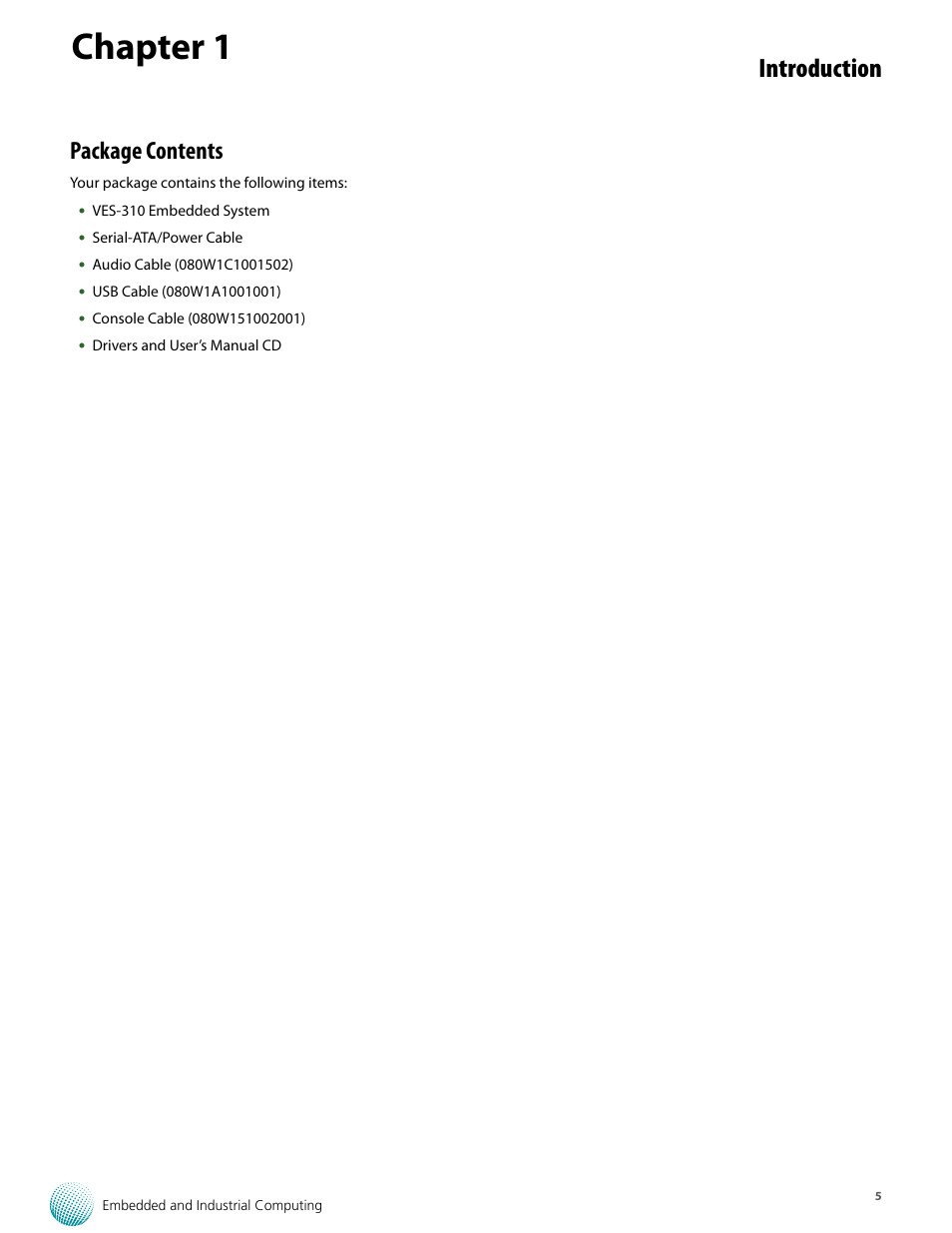 Chapter 1, Introduction, Package contents | Lanner VES-310 V2 User Manual | Page 5 / 20
