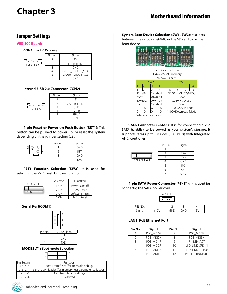 Chapter 3, Motherboard information, Jumper settings | Lanner VES-500 User Manual | Page 13 / 21