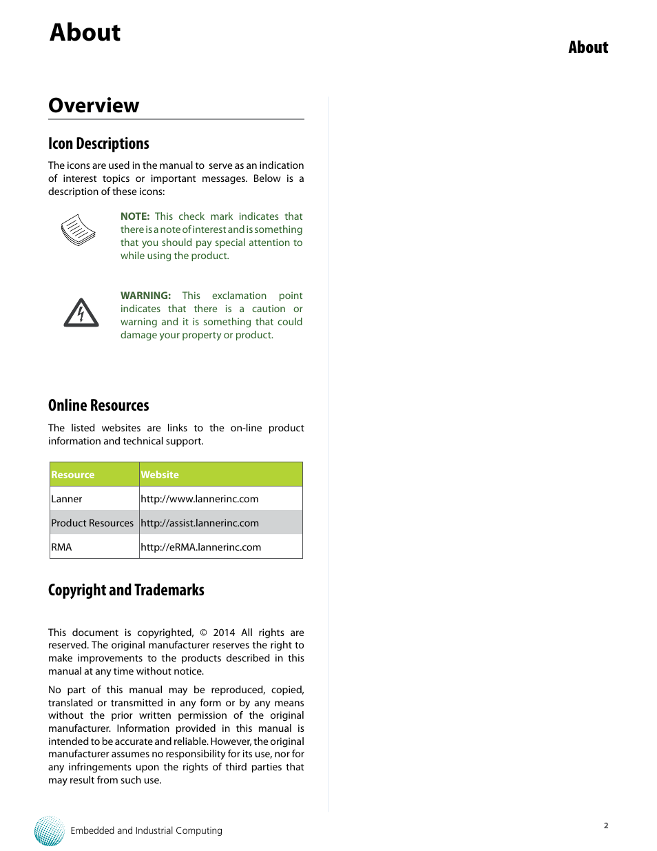 Overview, About, Icon descriptions | Online resources, Copyright and trademarks | Lanner VES-500 User Manual | Page 2 / 21