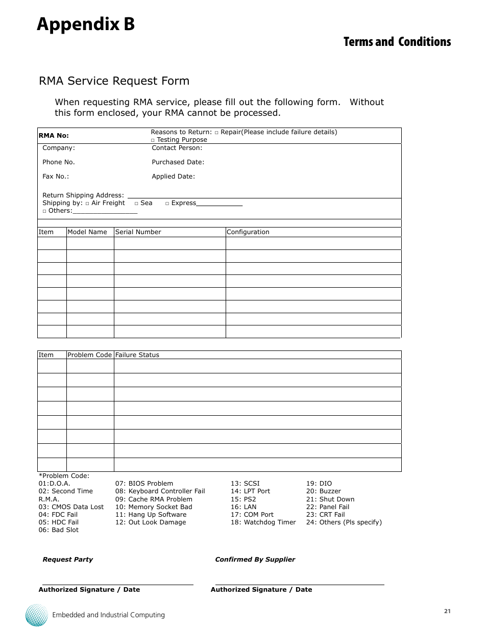 Appendix b, Terms and conditions, Rma service request form | Lanner VES-500 User Manual | Page 21 / 21