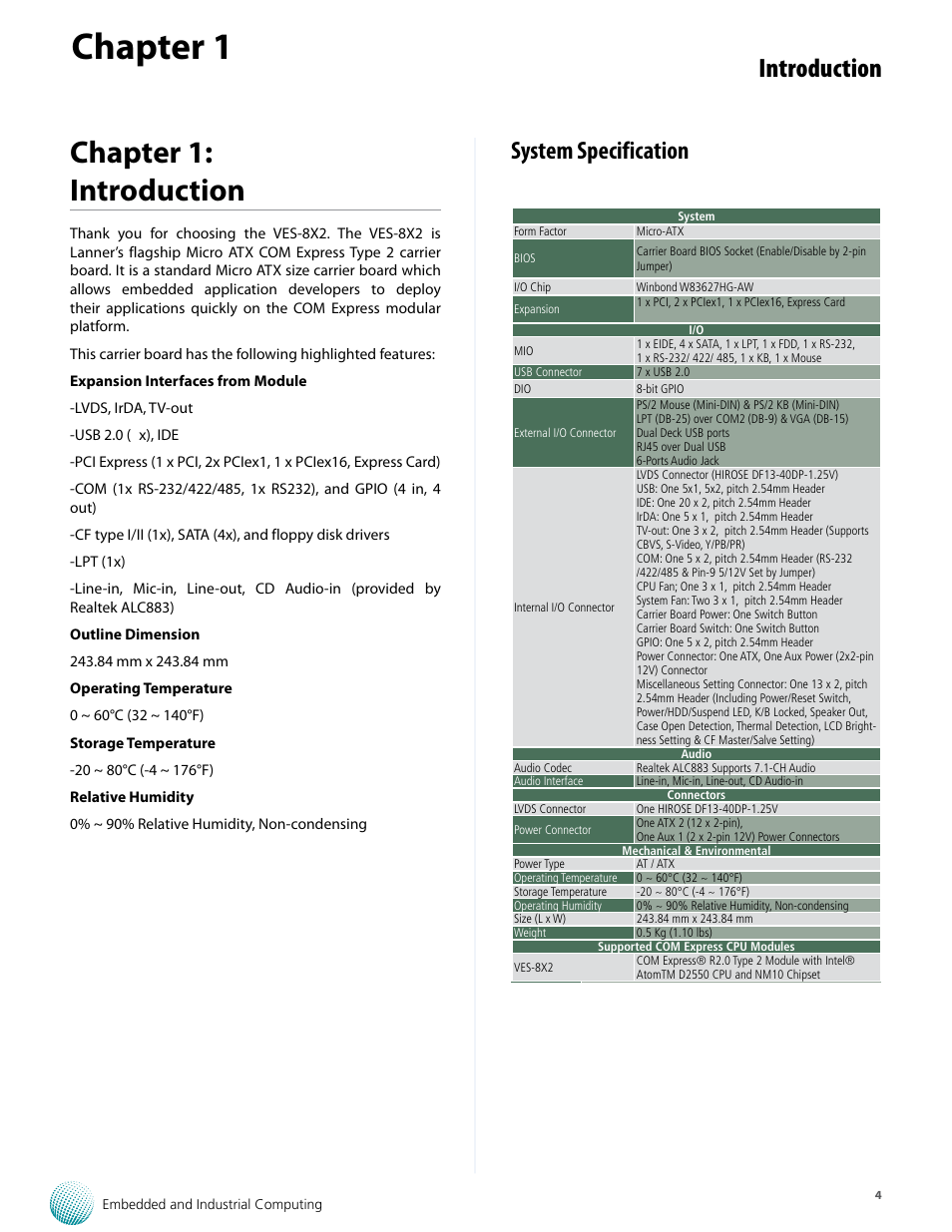 Chapter 1, Chapter 1: introduction, Introduction | System specification, Ordering information | Lanner VES-8X2 User Manual | Page 4 / 16