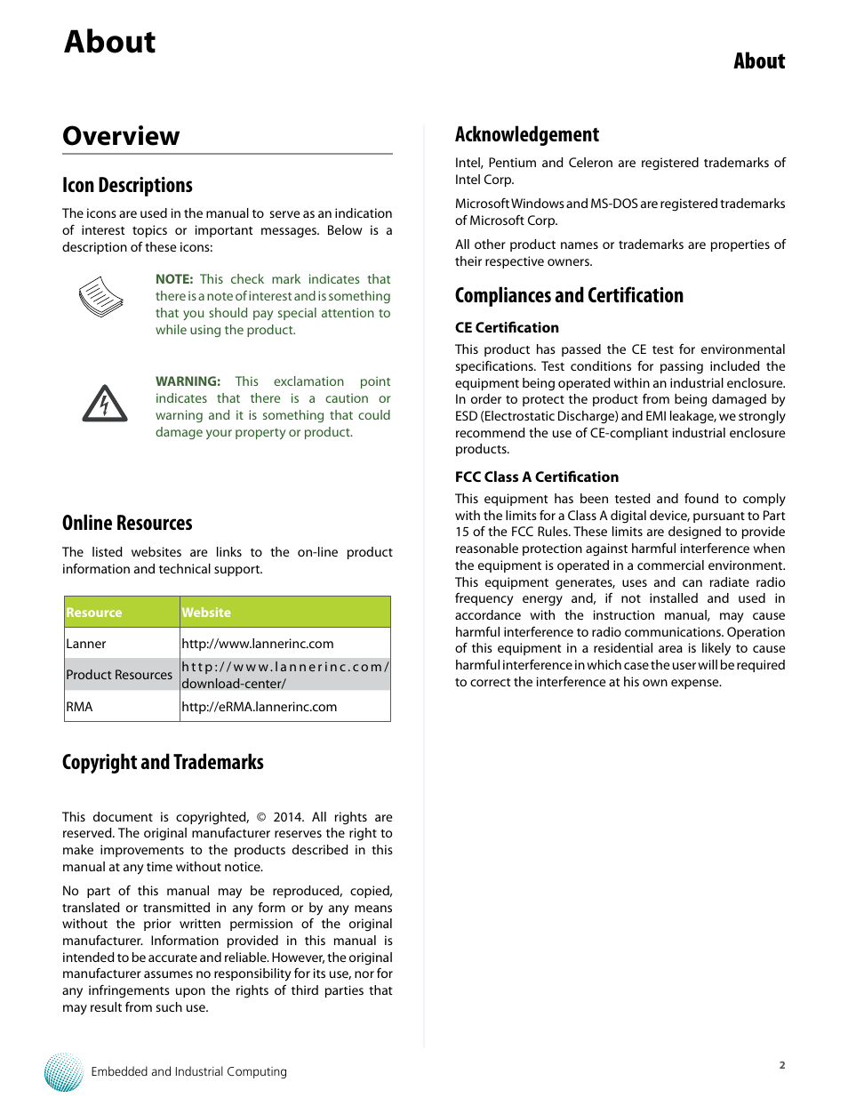 Overview, About, Icon descriptions | Online resources, Copyright and trademarks, Acknowledgement, Compliances and certification | Lanner VES-8X6 User Manual | Page 2 / 17