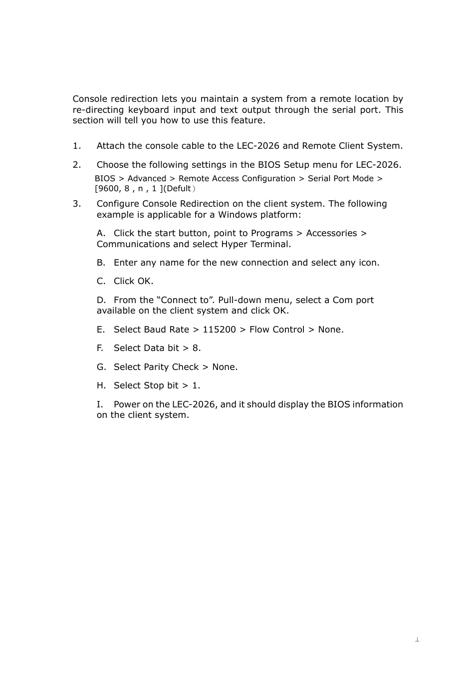 Appendix b: console redirection | Lanner LEC-2026 User Manual | Page 62 / 67