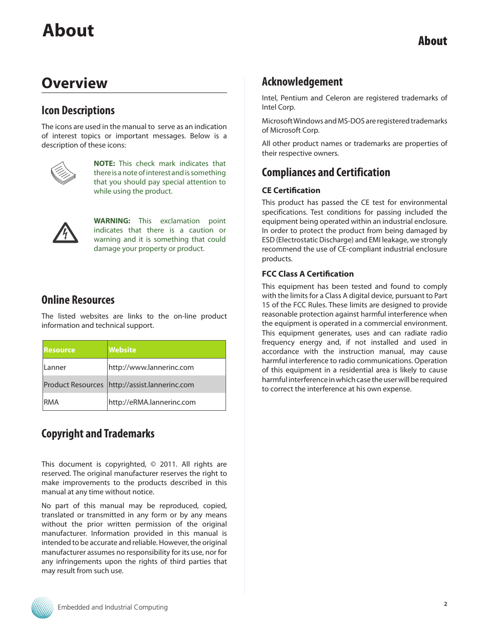 Overview, About, Icon descriptions | Online resources, Copyright and trademarks, Acknowledgement, Compliances and certification | Lanner LEC-2055 User Manual | Page 2 / 23