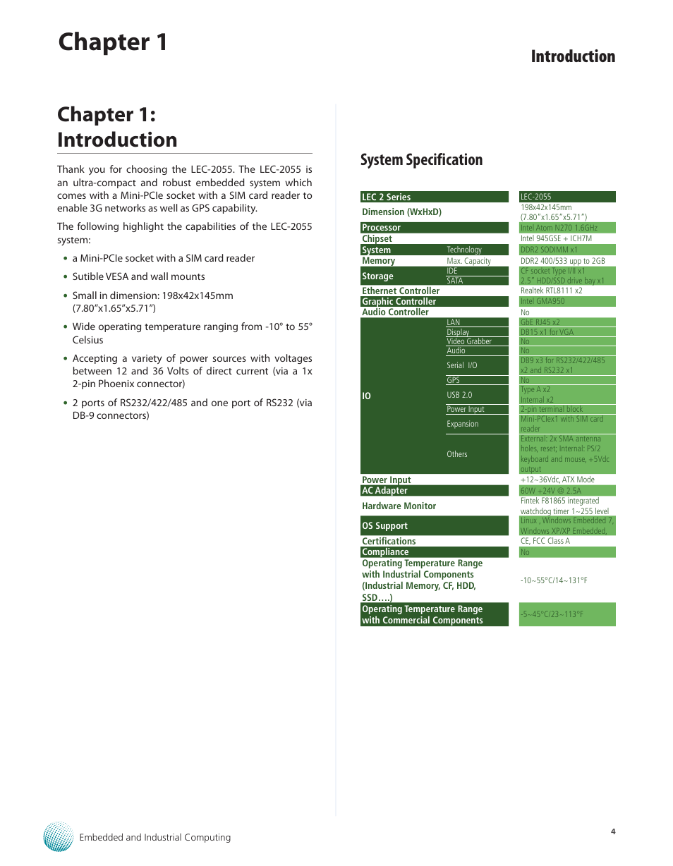 Chapter 1: introduction, System specification, Chapter 1 | Introduction | Lanner LEC-2055 User Manual | Page 4 / 23