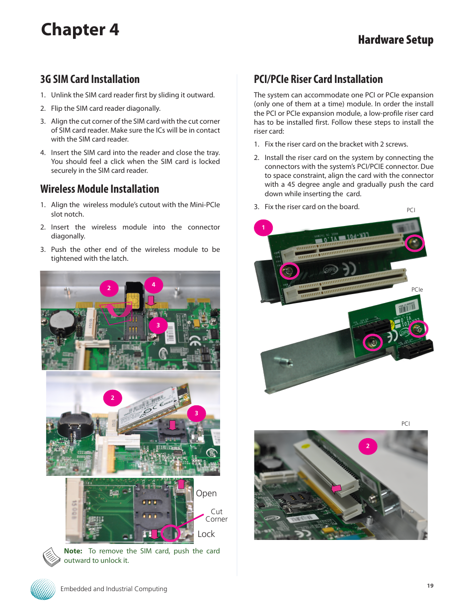 3g sim card installation, Wireless module installation, Pci/pcie riser card installation | Chapter 4, Hardware setup | Lanner LEC-2110 User Manual | Page 19 / 41