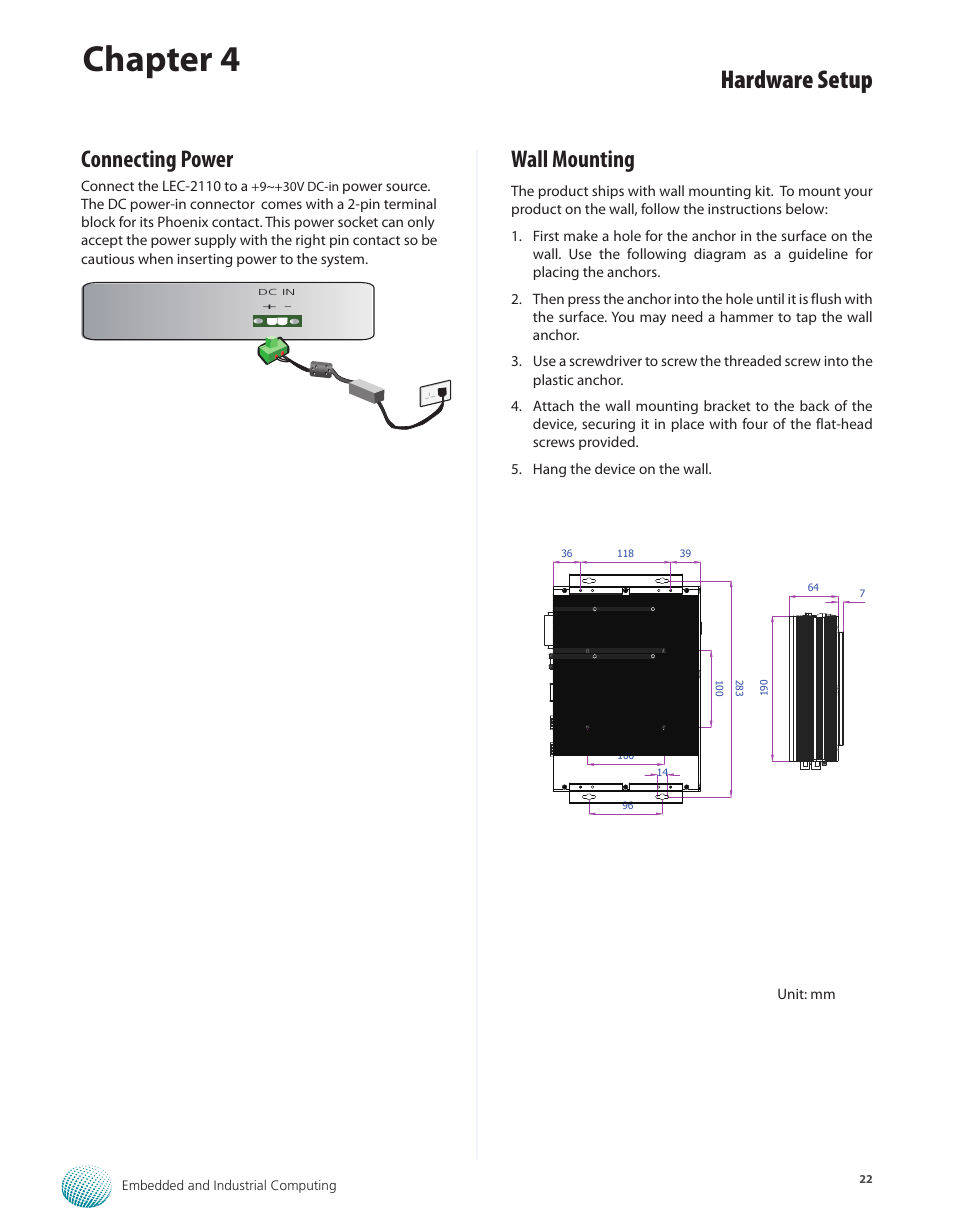 Connecting power, Wall mounting, Connecting power wall mounting | Chapter 4, Hardware setup | Lanner LEC-2110 User Manual | Page 22 / 41