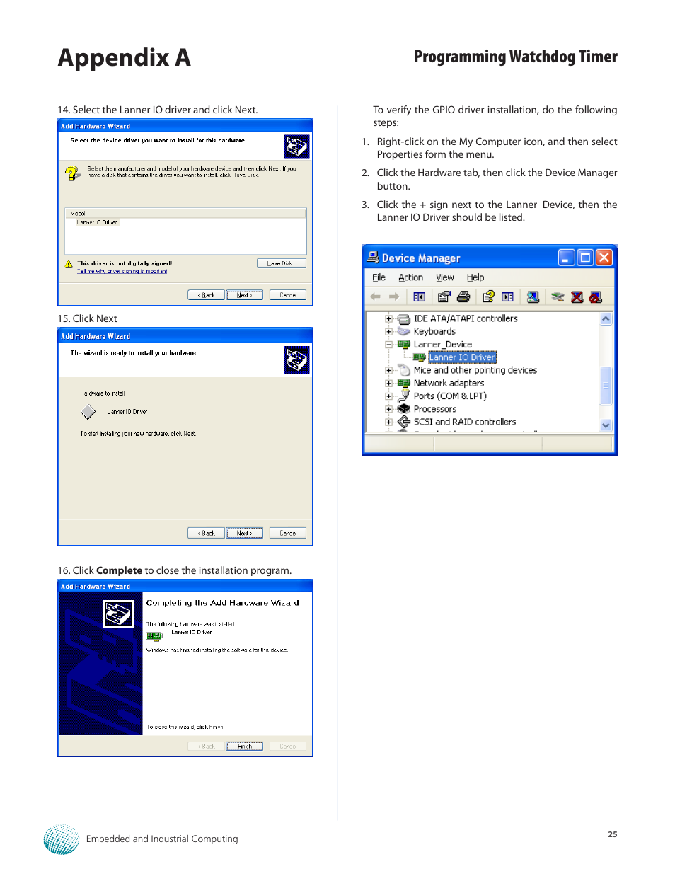 Appendix a, Programming watchdog timer | Lanner LEC-2110 User Manual | Page 25 / 41