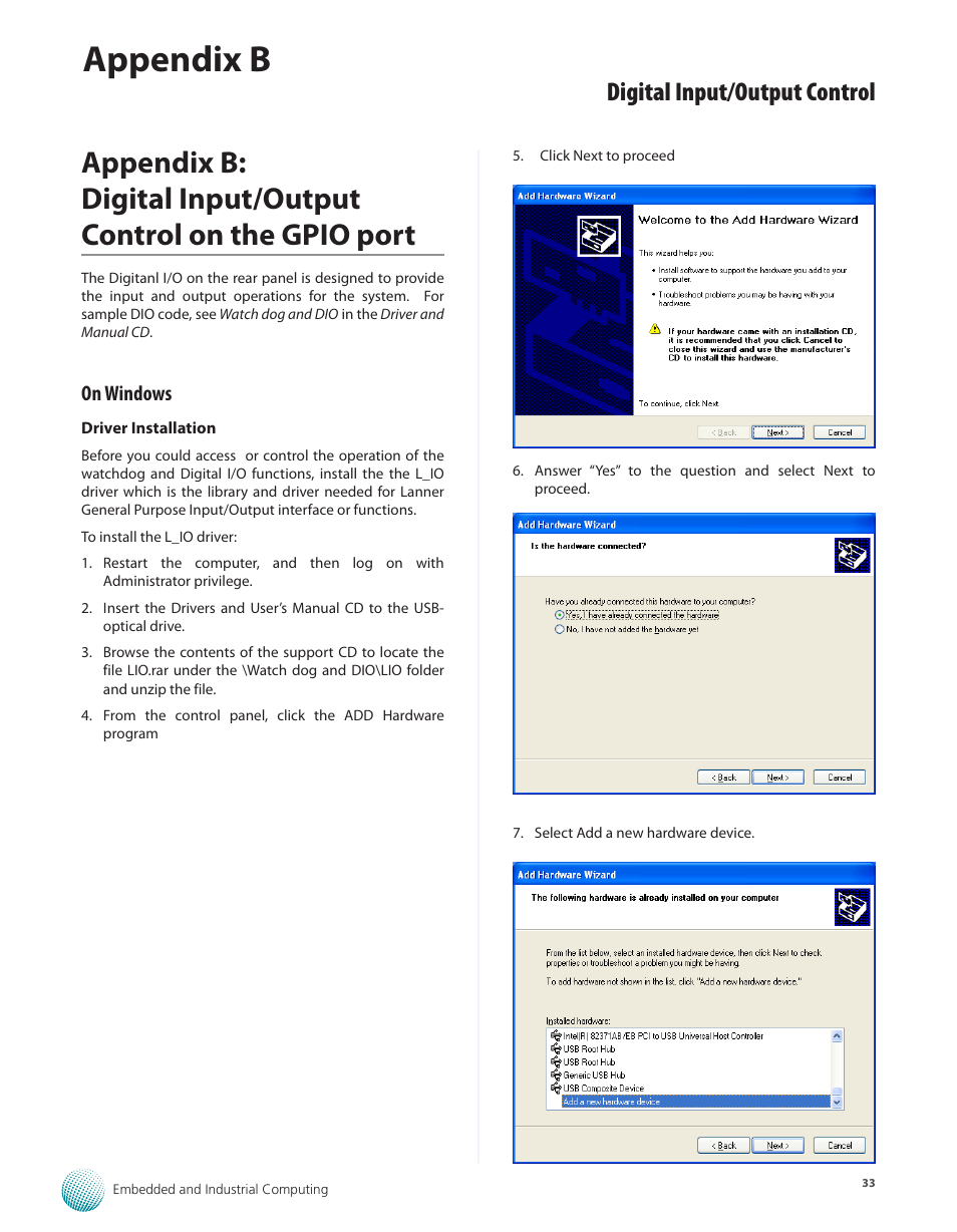On windows, Appendix b, Digital input/output control | Lanner LEC-2110 User Manual | Page 33 / 41