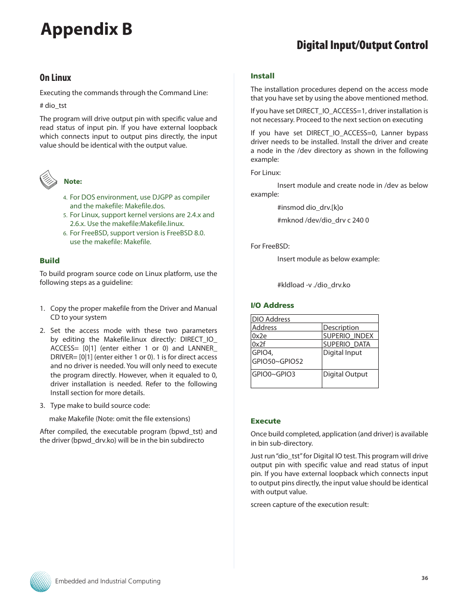 On linux, Appendix b, Digital input/output control | Lanner LEC-2110 User Manual | Page 36 / 41