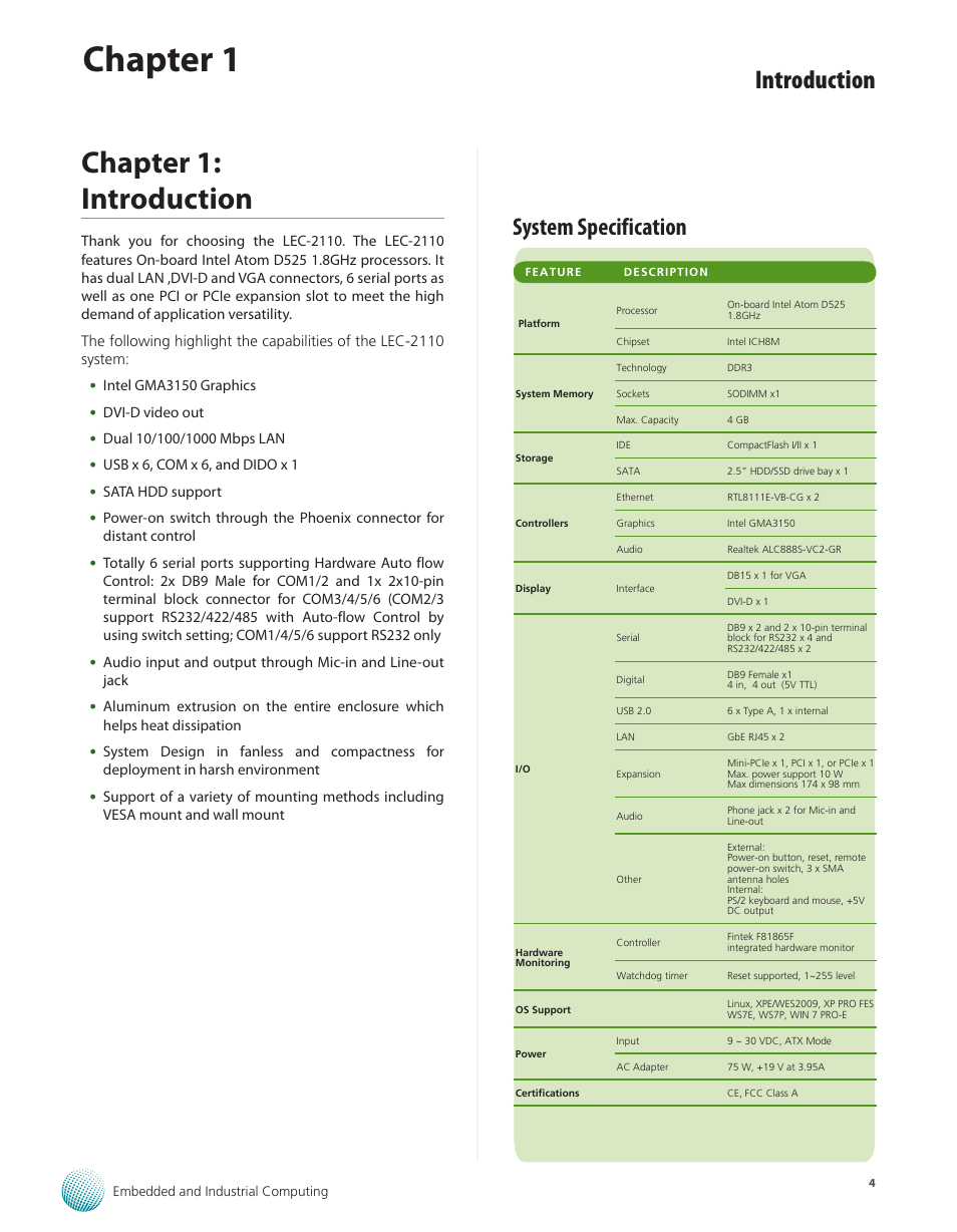 Chapter 1: introduction, System specification, Chapter 1 | Introduction | Lanner LEC-2110 User Manual | Page 4 / 41