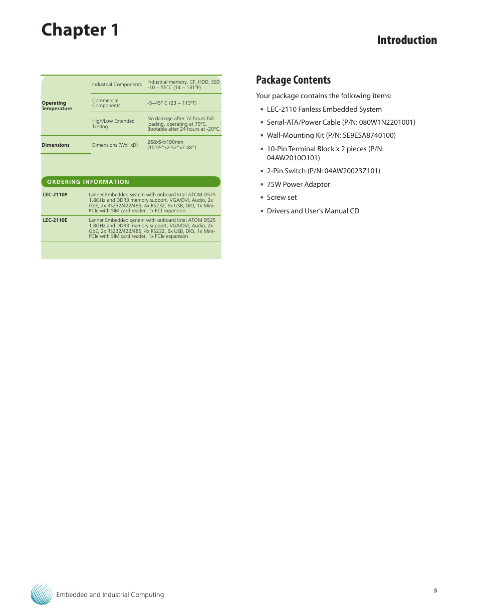 Package contents, Chapter 1, Introduction | Lanner LEC-2110 User Manual | Page 5 / 41