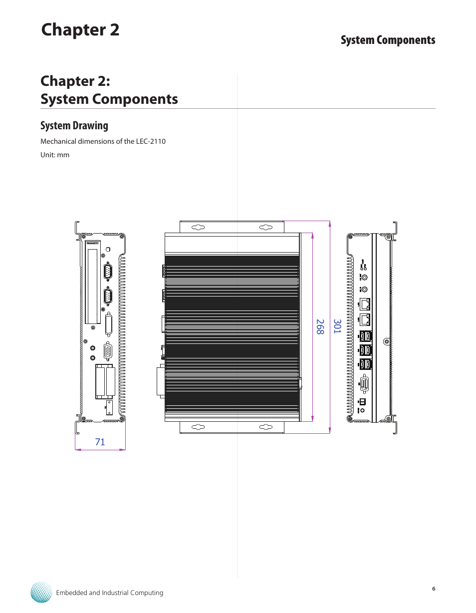 Chapter 2: system components, System drawing, Chapter 2 | System components | Lanner LEC-2110 User Manual | Page 6 / 41