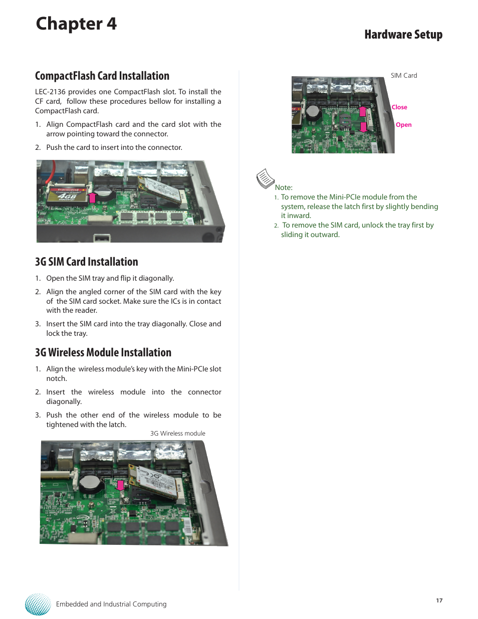 Chapter 4, Hardware setup, Compactflash card installation | 3g sim card installation, 3g wireless module installation | Lanner LEC-2136 User Manual | Page 17 / 20