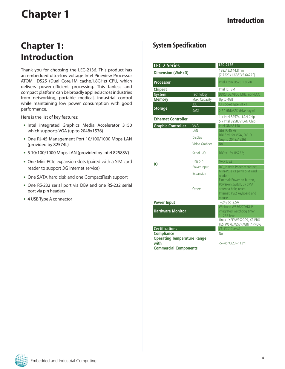 Chapter 1, Chapter 1: introduction, Introduction | System specification | Lanner LEC-2136 User Manual | Page 4 / 20