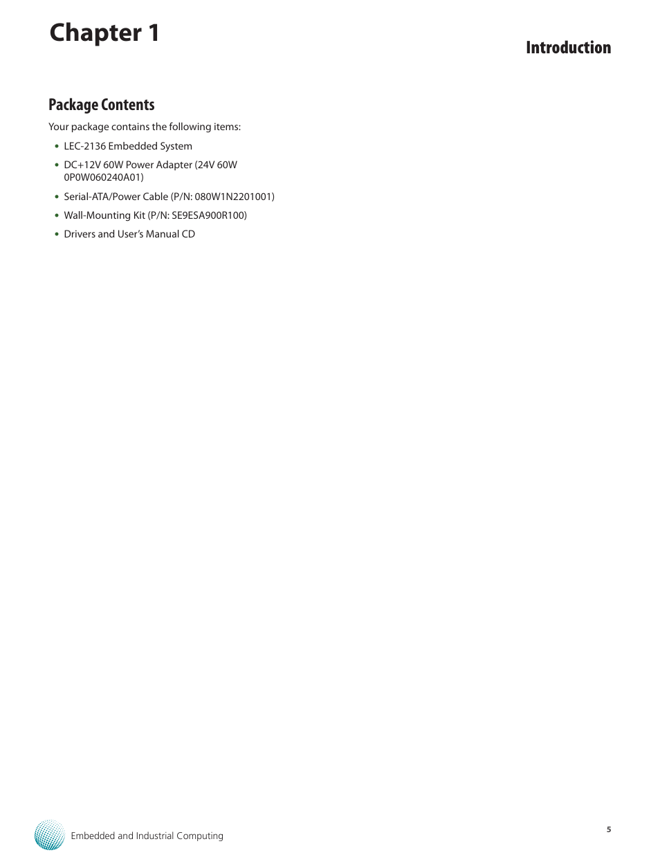 Chapter 1, Introduction, Package contents | Lanner LEC-2136 User Manual | Page 5 / 20