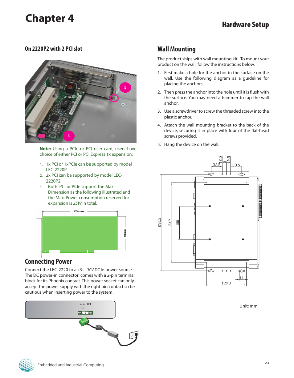 On 2220p2 with 2 pci slot, Connecting power, Wall mounting | Connecting power wall mounting, Chapter 4, Hardware setup | Lanner LEC-2220 User Manual | Page 23 / 32