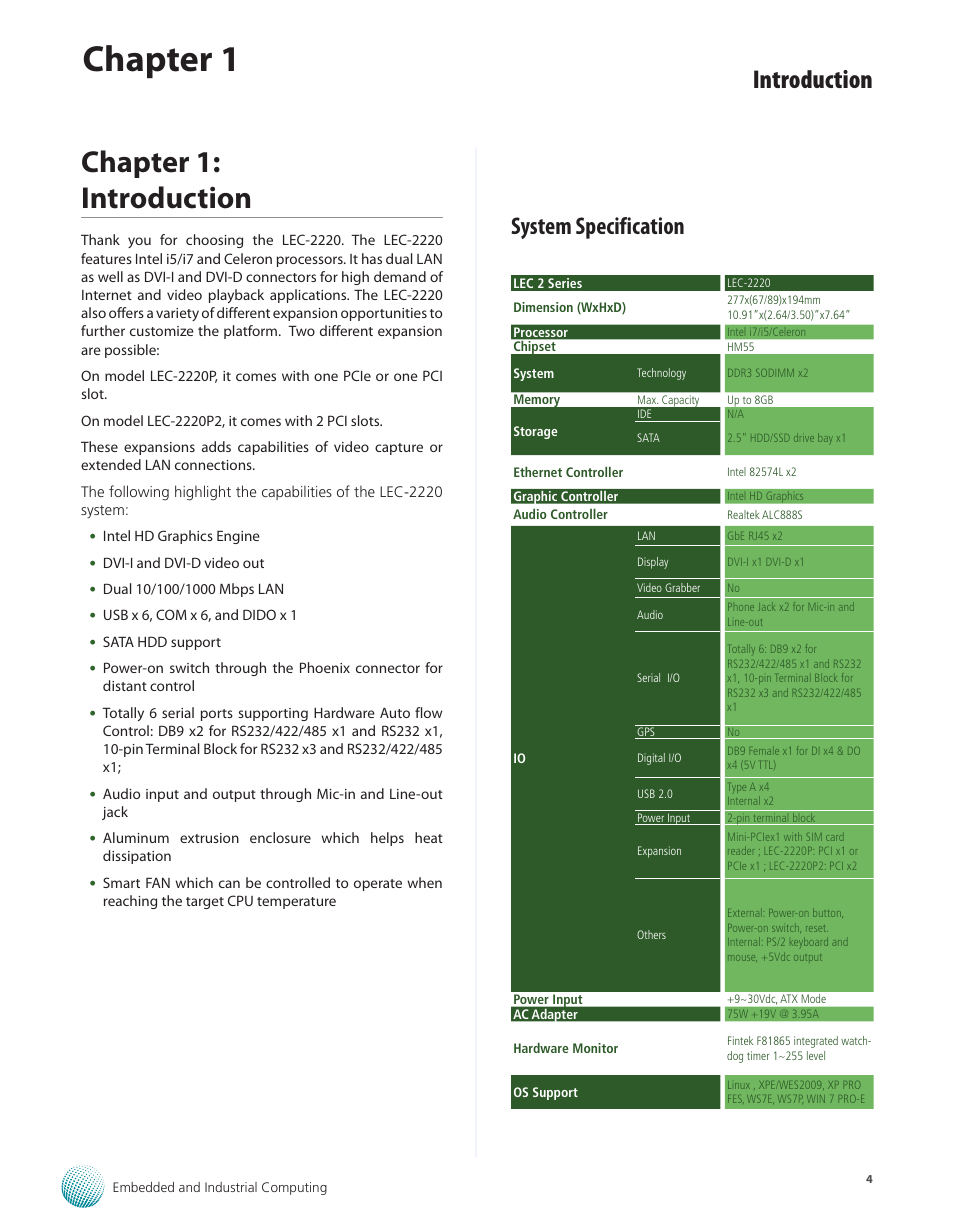 Chapter 1: introduction, System specification, Chapter 1 | Introduction | Lanner LEC-2220 User Manual | Page 4 / 32