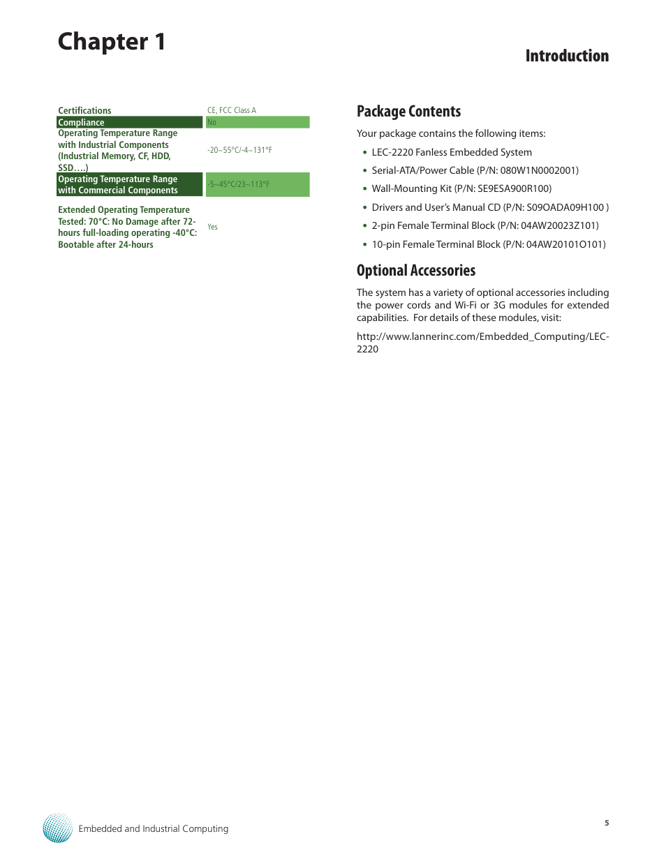 Package contents, Optional accessories, Package contents optional accessories | Chapter 1, Introduction | Lanner LEC-2220 User Manual | Page 5 / 32