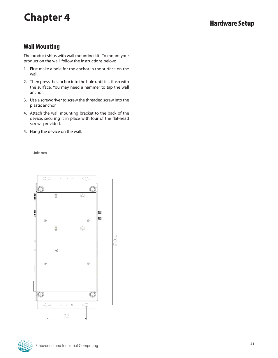 Wall mounting, Chapter 4, Hardware setup | Lanner LEC-2250 User Manual | Page 22 / 30