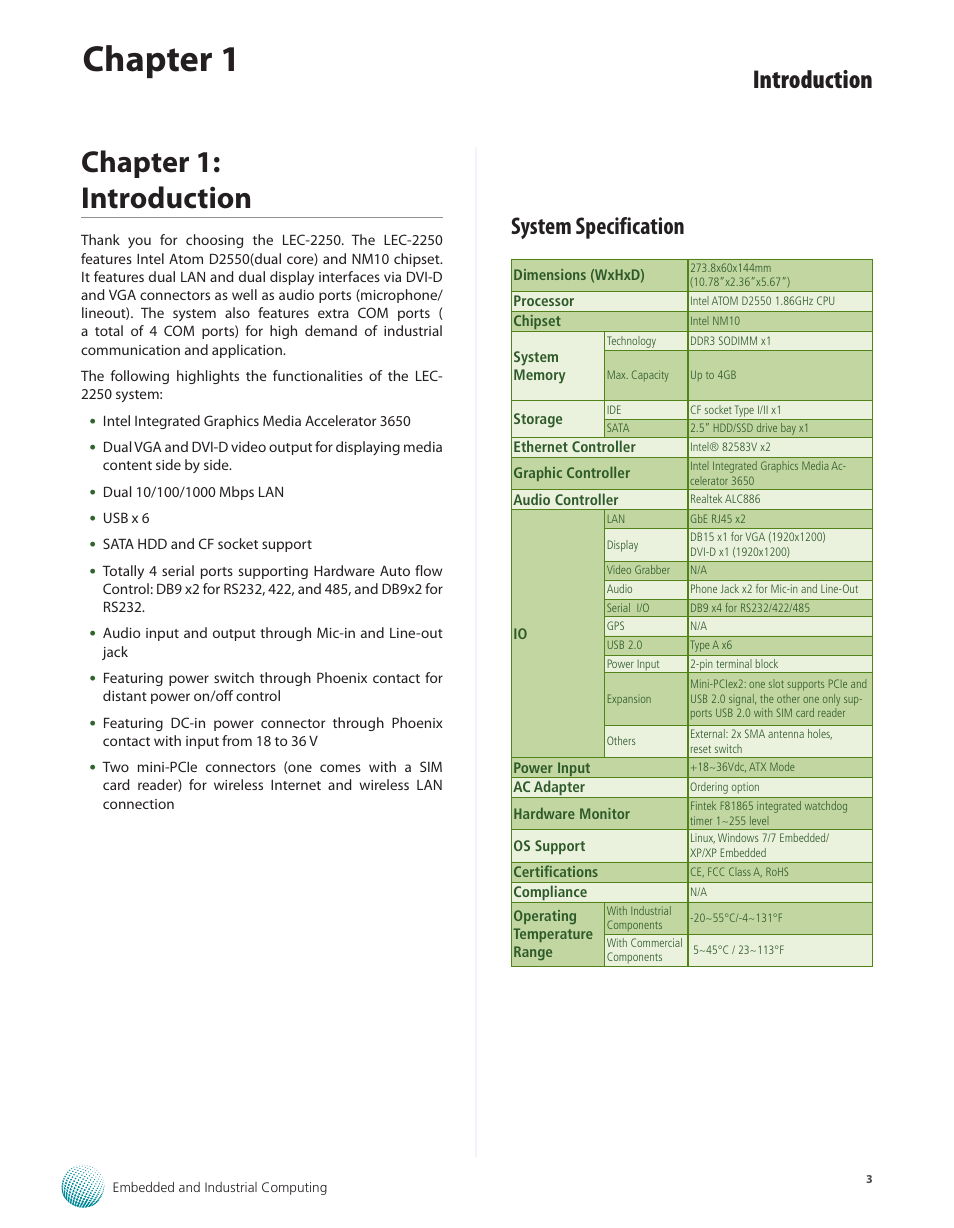 Chapter 1: introduction, System specification, Chapter 1 | Introduction | Lanner LEC-2250 User Manual | Page 4 / 30