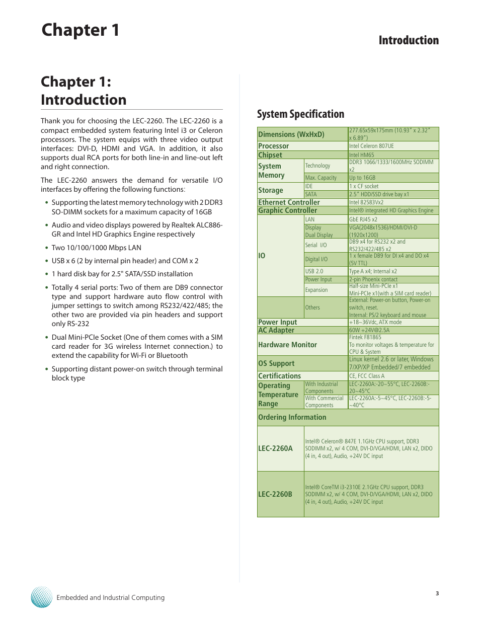 Chapter 1: introduction, System specification, Chapter 1 | Introduction | Lanner LEC-2260 User Manual | Page 4 / 30