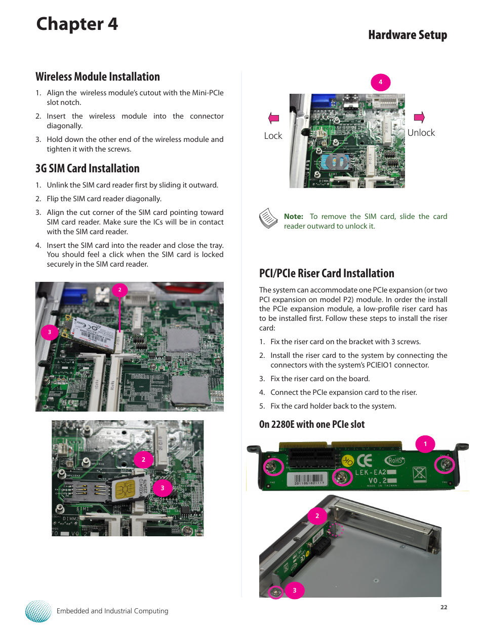 Chapter 4, Hardware setup, Pci/pcie riser card installation | Wireless module installation, 3g sim card installation, On 2280e with one pcie slot | Lanner LEC-2280 User Manual | Page 22 / 27