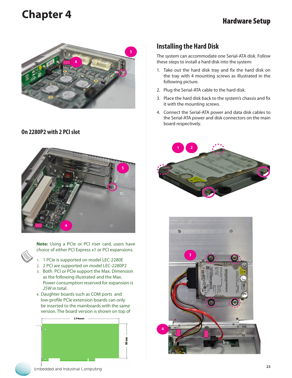Chapter 4, Hardware setup, Installing the hard disk | Lanner LEC-2280 User Manual | Page 23 / 27