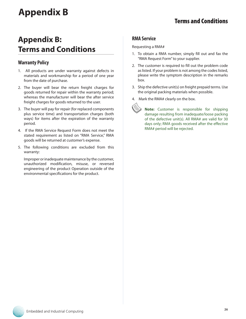 Appendix b, Appendix b: terms and conditions, Terms and conditions | Warranty policy, Rma service | Lanner LEC-2280 User Manual | Page 26 / 27