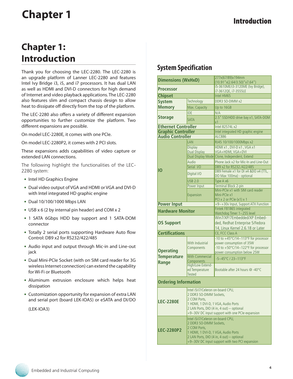 Chapter 1, Chapter 1: introduction, Introduction | System specification | Lanner LEC-2280 User Manual | Page 4 / 27