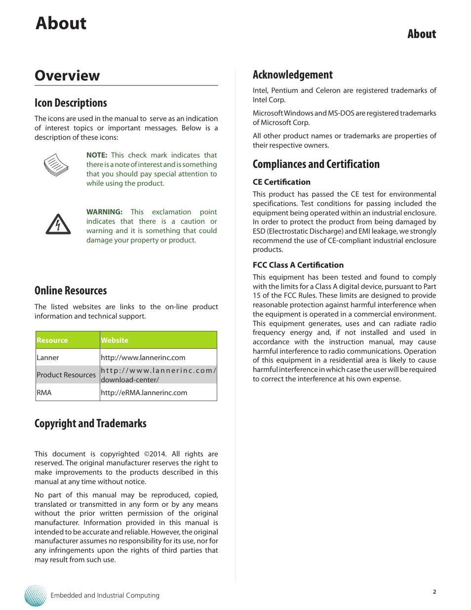 Overview, About, Icon descriptions | Online resources, Copyright and trademarks, Acknowledgement, Compliances and certification | Lanner LEC-2280E-7BN4/8 User Manual | Page 2 / 28