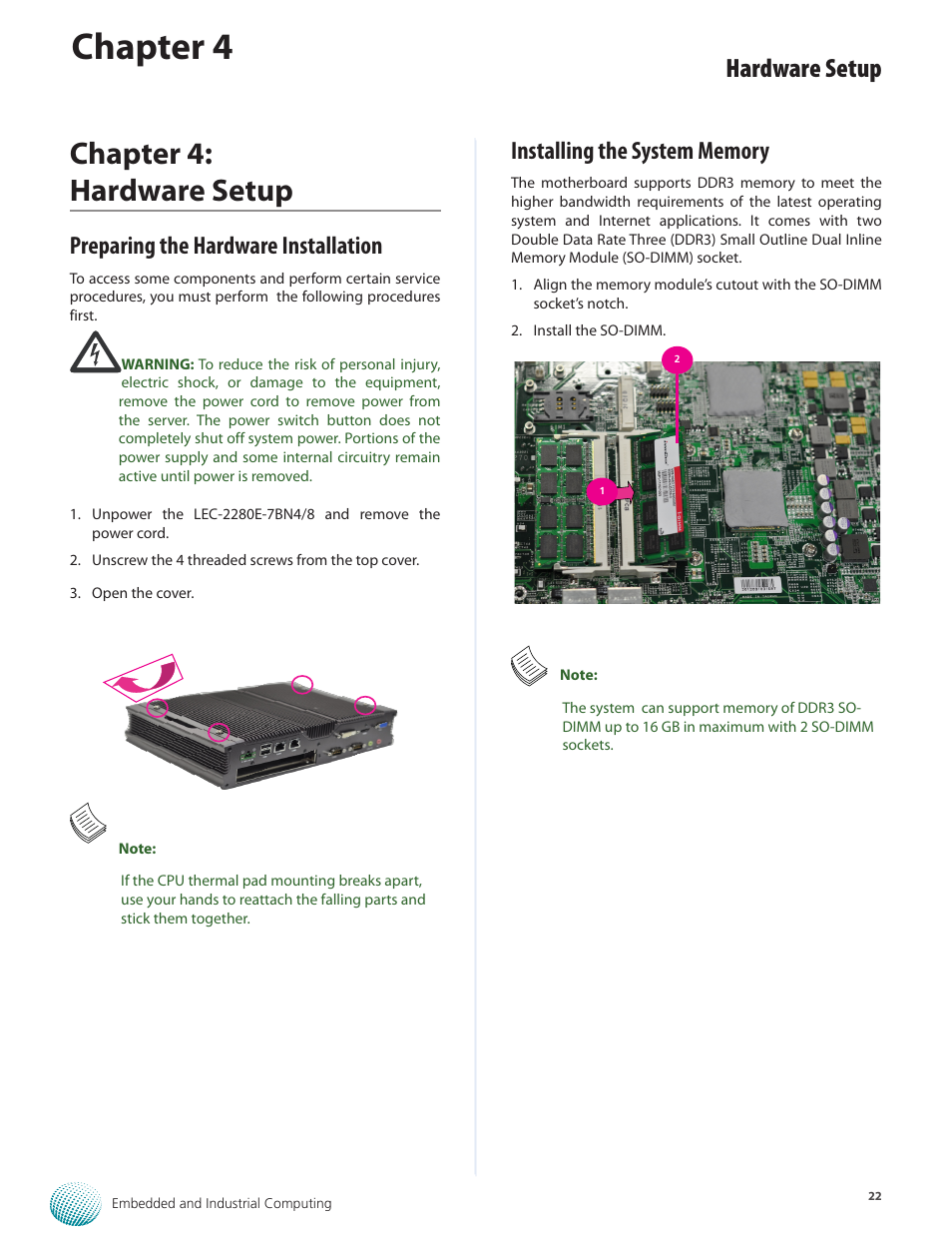 Chapter 4, Chapter 4: hardware setup, Hardware setup | Preparing the hardware installation | Lanner LEC-2280E-7BN4/8 User Manual | Page 22 / 28