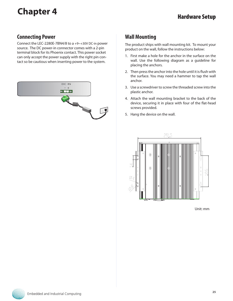 Chapter 4, Hardware setup, Wall mounting | Connecting power | Lanner LEC-2280E-7BN4/8 User Manual | Page 25 / 28