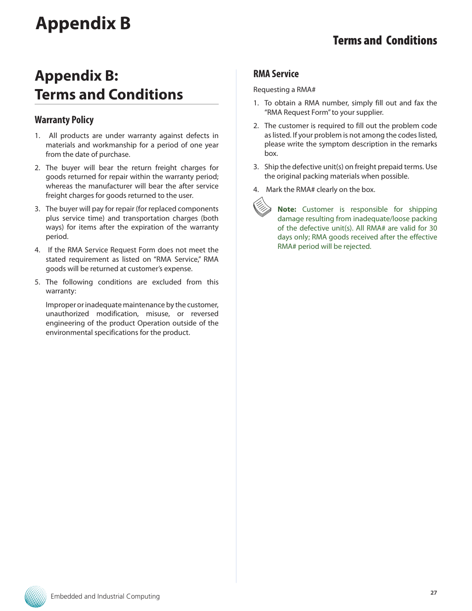 Appendix b, Appendix b: terms and conditions, Terms and conditions | Warranty policy, Rma service | Lanner LEC-2280E-7BN4/8 User Manual | Page 27 / 28