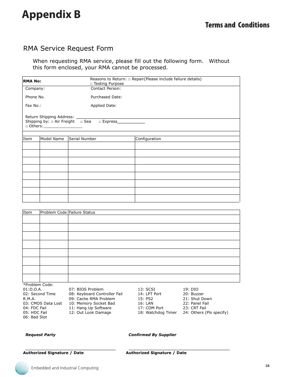 Appendix b, Terms and conditions, Rma service request form | Lanner LEC-2280E-7BN4/8 User Manual | Page 28 / 28