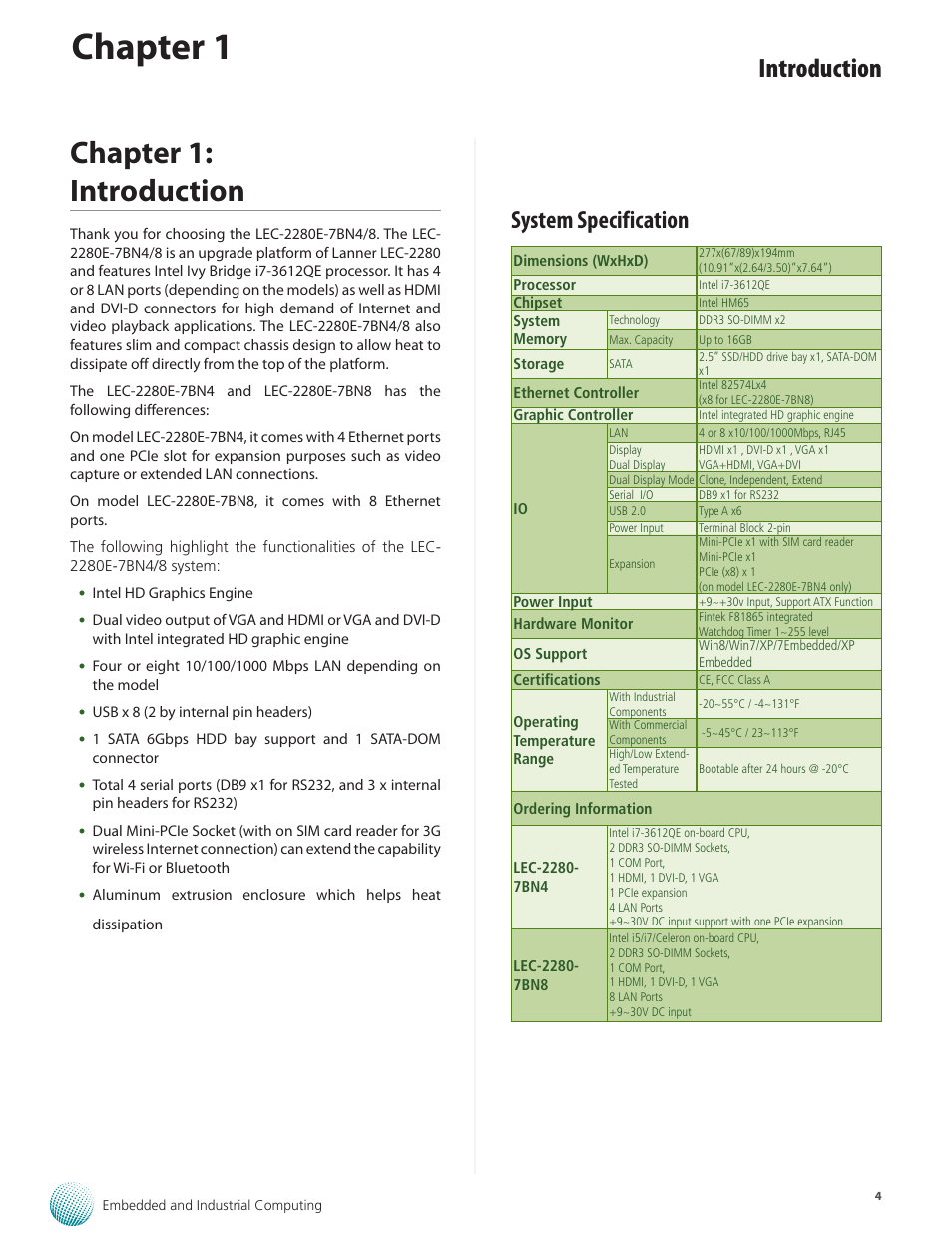 Chapter 1, Chapter 1: introduction, Introduction | System specification | Lanner LEC-2280E-7BN4/8 User Manual | Page 4 / 28