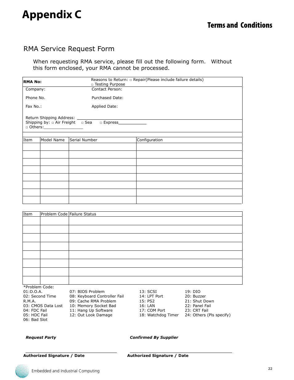 Appendix c, Terms and conditions, Rma service request form | Lanner LEC-2530 User Manual | Page 22 / 22