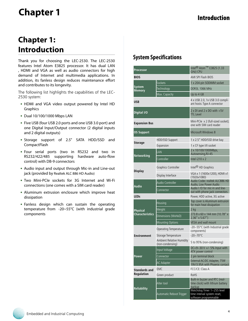 Chapter 1, Chapter 1: introduction, Introduction | System specifications | Lanner LEC-2530 User Manual | Page 4 / 22