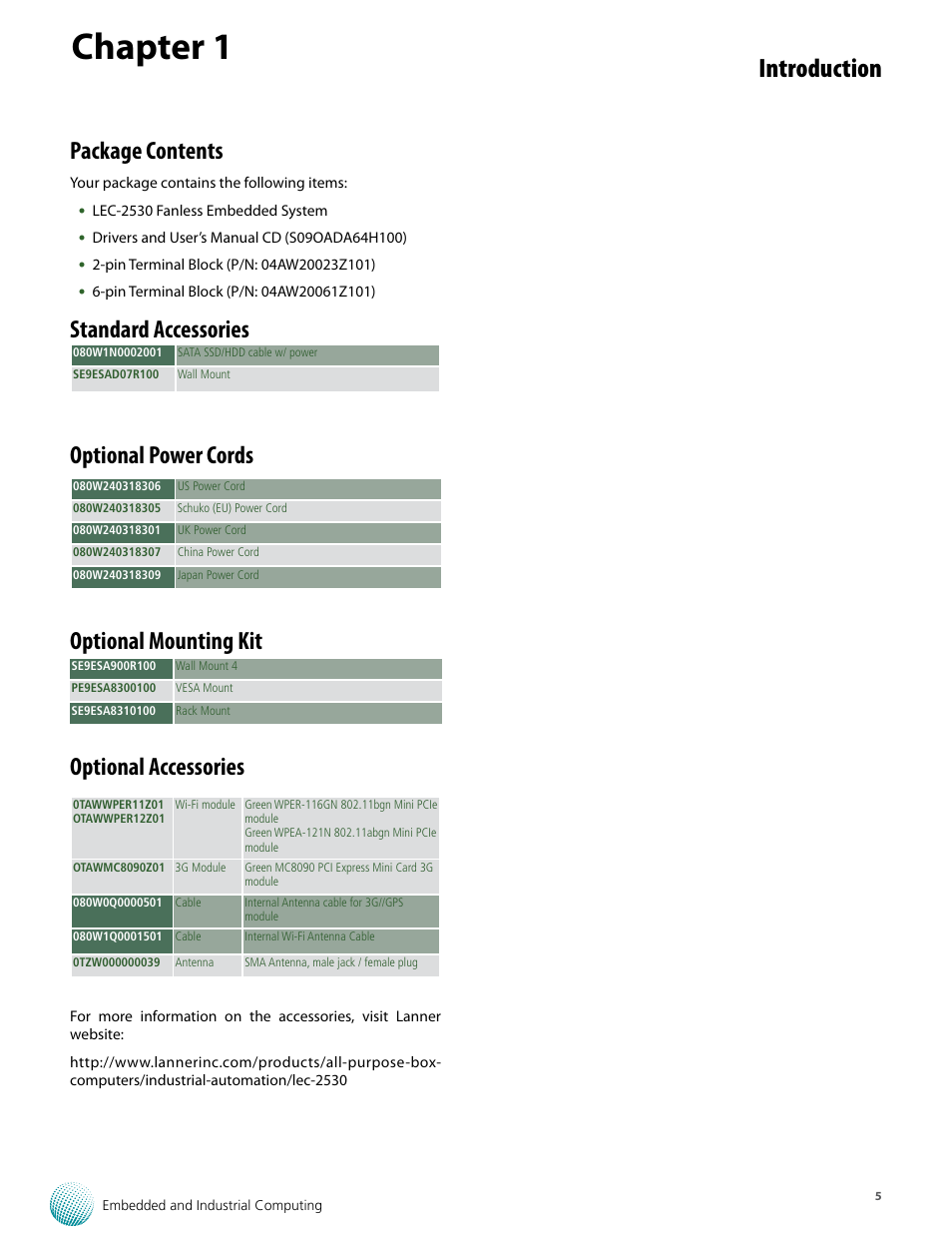 Chapter 1, Introduction, Package contents | Lanner LEC-2530 User Manual | Page 5 / 22