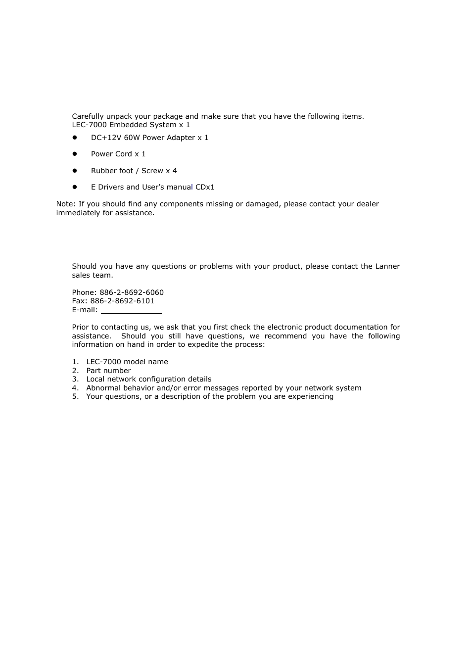 5 package contents, 6 technical assistance | Lanner LEC-7000 User Manual | Page 9 / 37